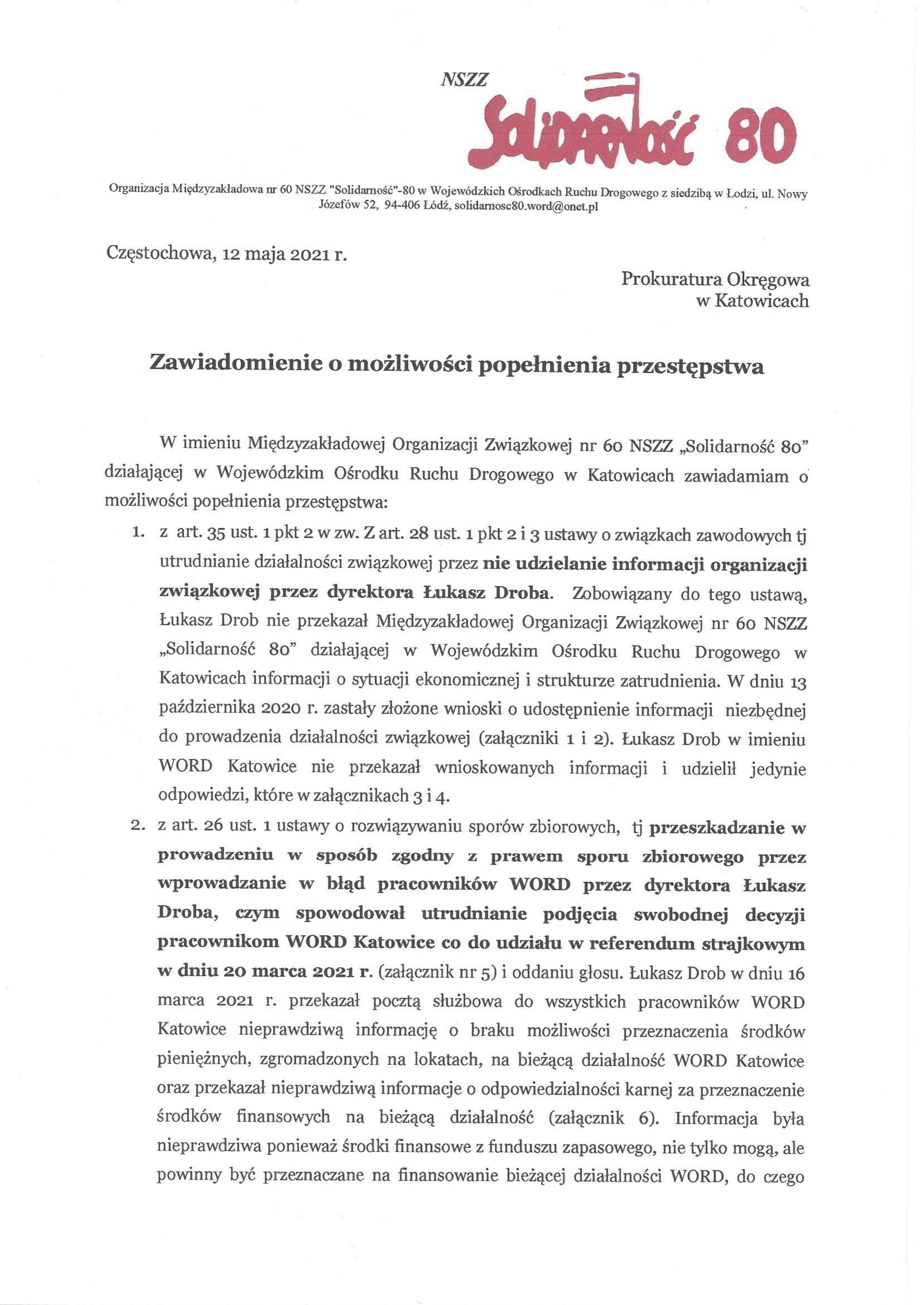 NSZZ "Solidarność"-80 W WORD » Zawiadomienie Do Prokuratury